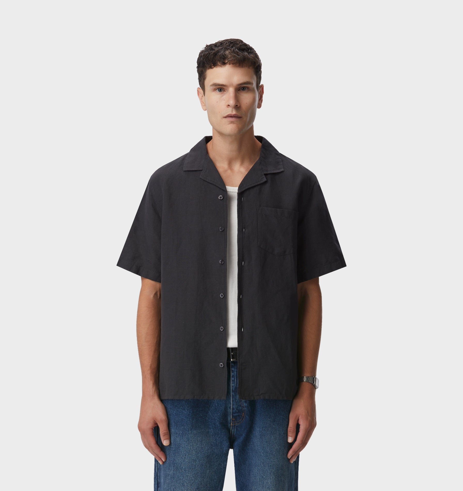 Linen Cuban Collar SS Shirt - Charcoal