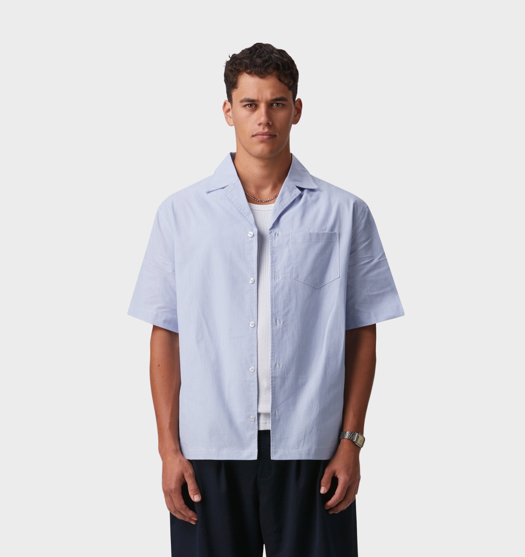 Box Cuban Collar Shirt - Blue/White Stripe