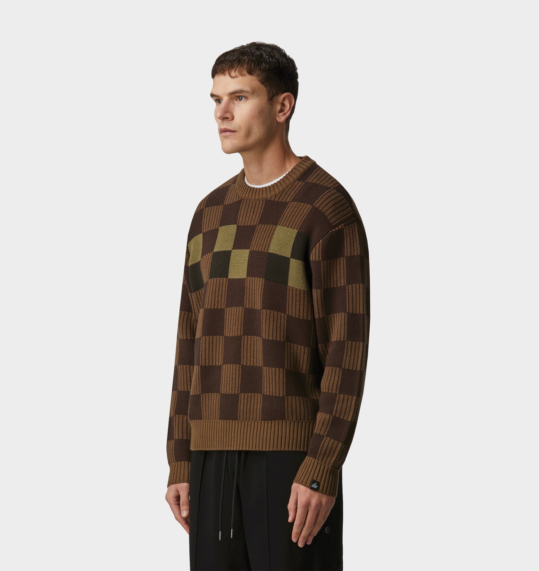 Checkerboard Knit Sweater - Olive