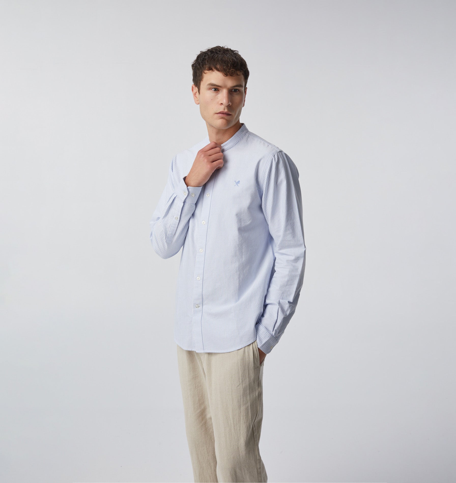 Mandarin Collar Shirt - Blue/White Stripe