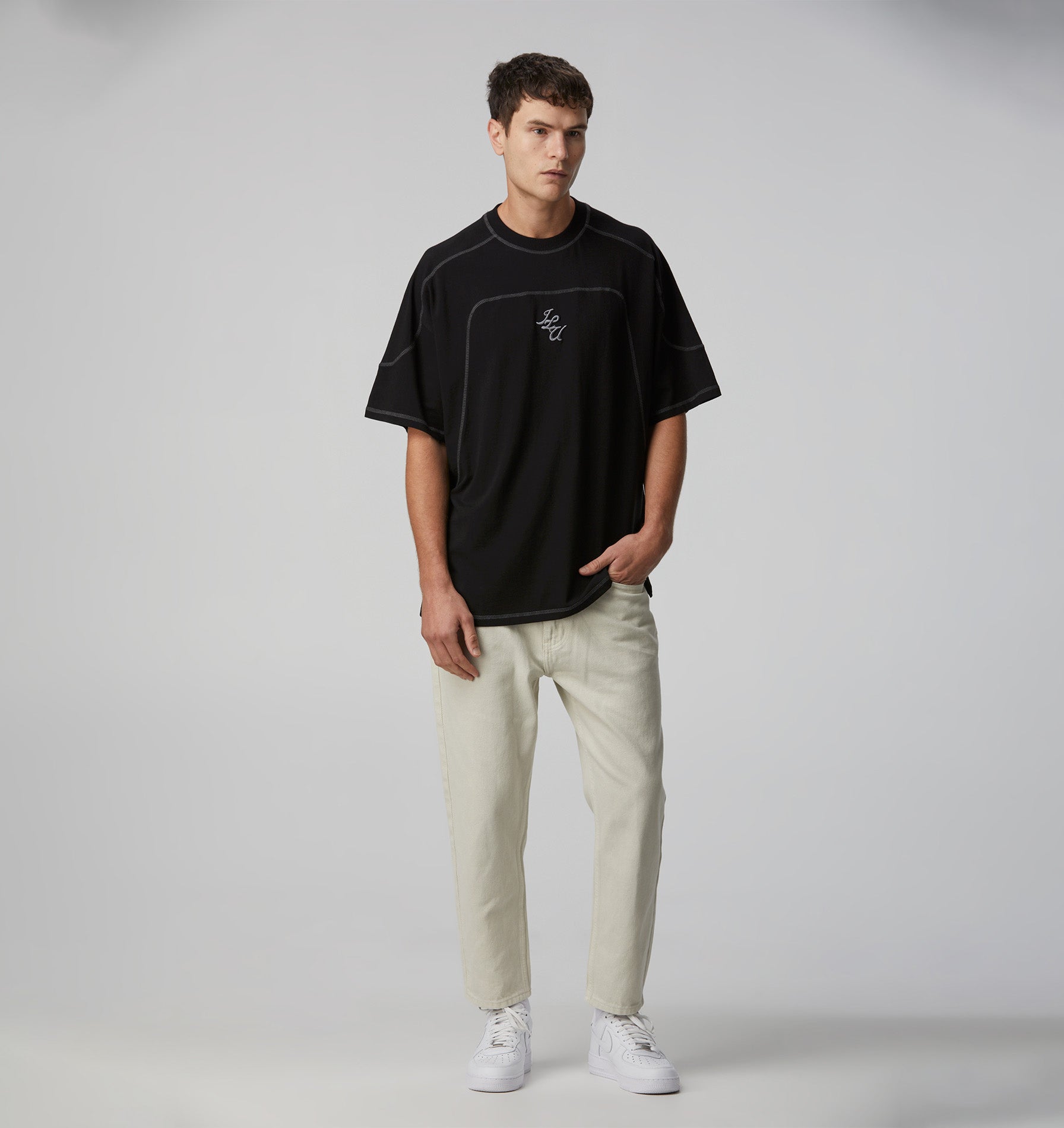 Contrast Stitch Box Tee - Black