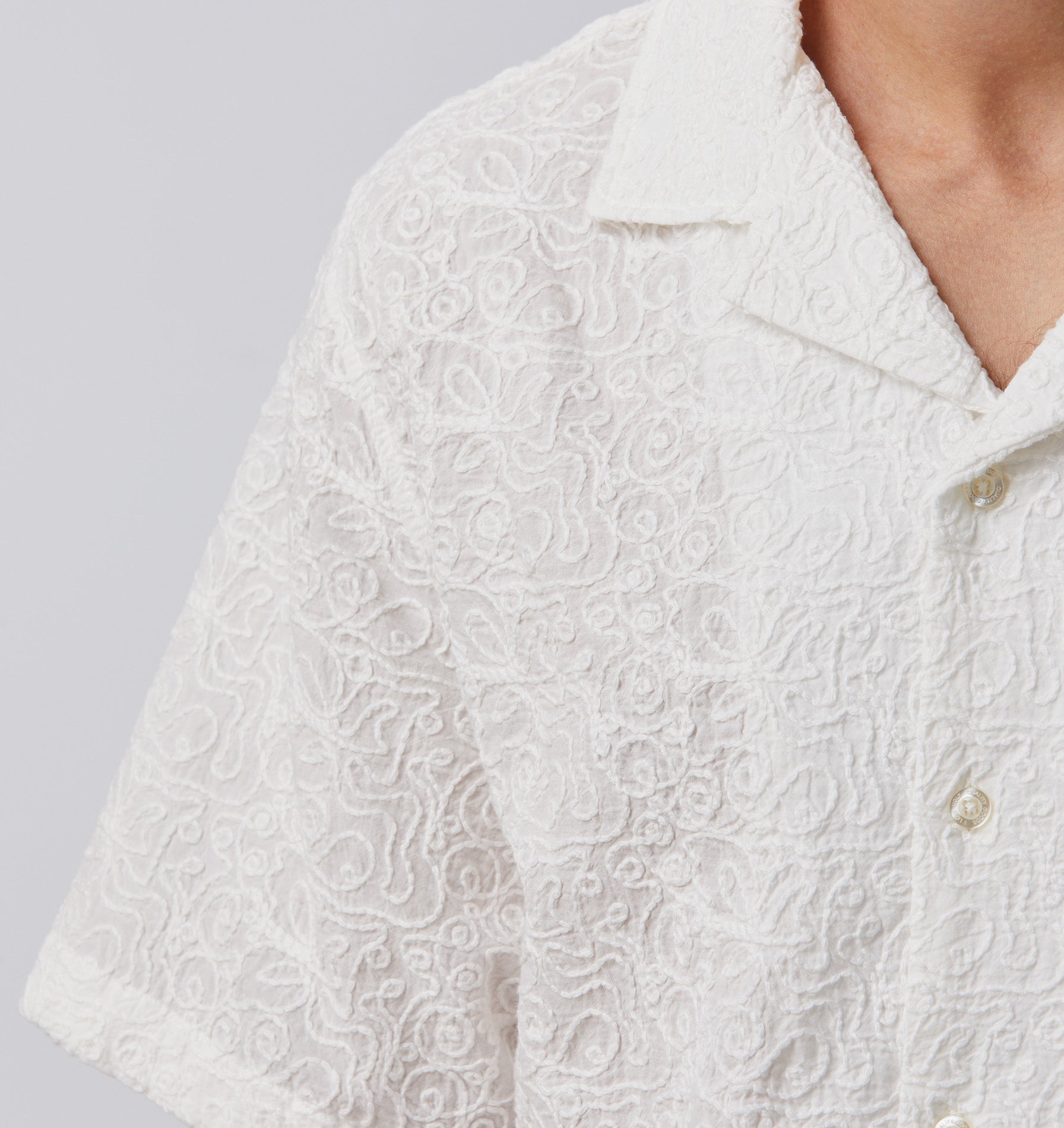 Chain Stitch Cuban Collar Shirt - White