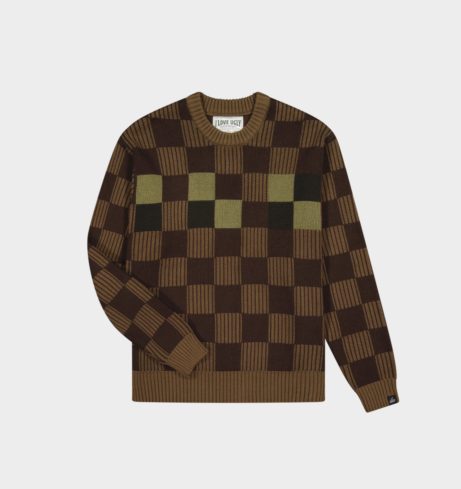 Checkerboard Knit Sweater - Olive